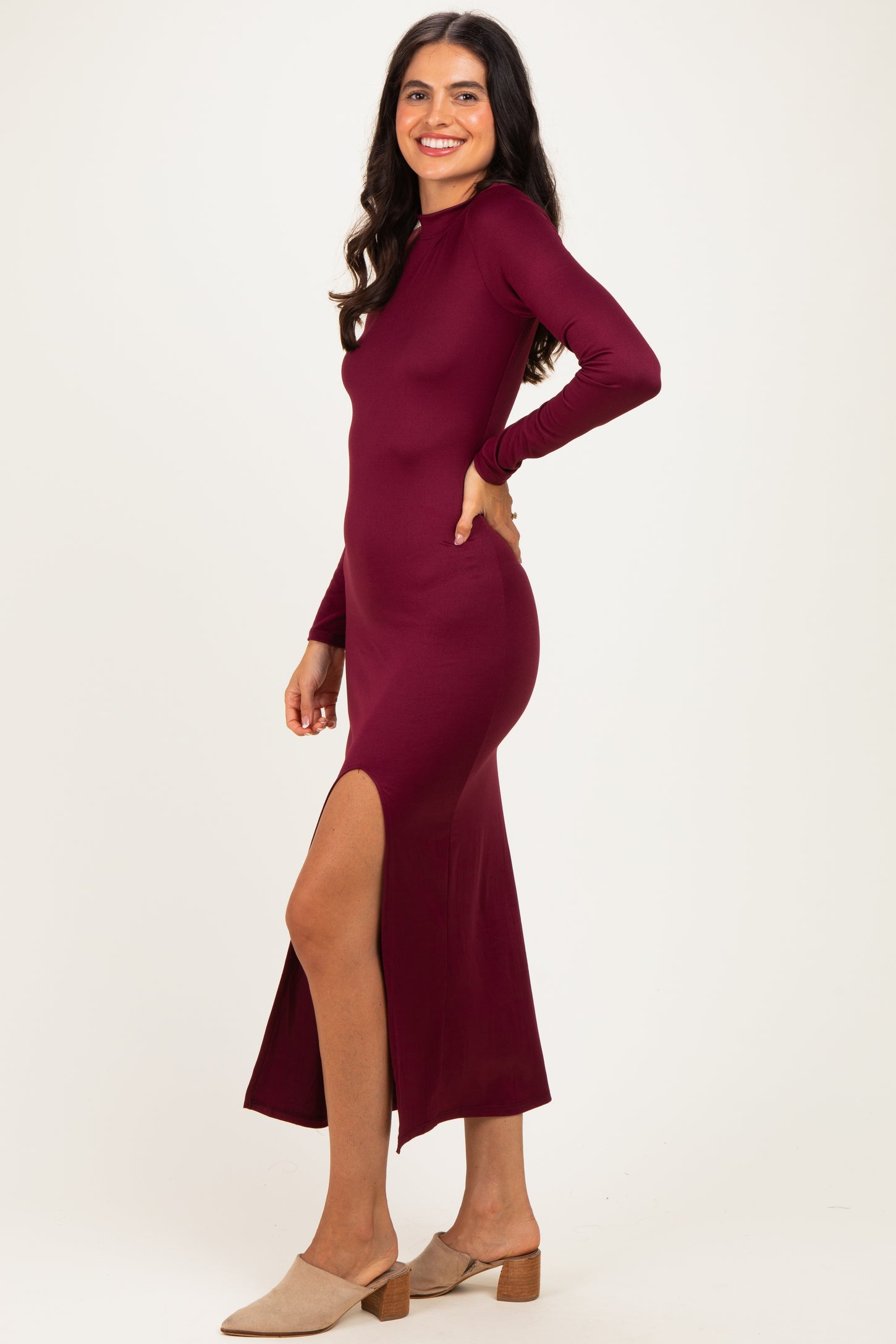 Burgundy Mock Neck Front Slit Long Sleeve Maternity Maxi Dress