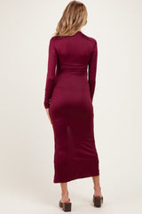 Burgundy Mock Neck Front Slit Long Sleeve Maternity Maxi Dress