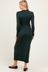 Hunter Green Mock Neck Front Slit Long Sleeve Maternity Maxi Dress