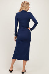 Navy Mock Neck Front Slit Long Sleeve Maxi Dress