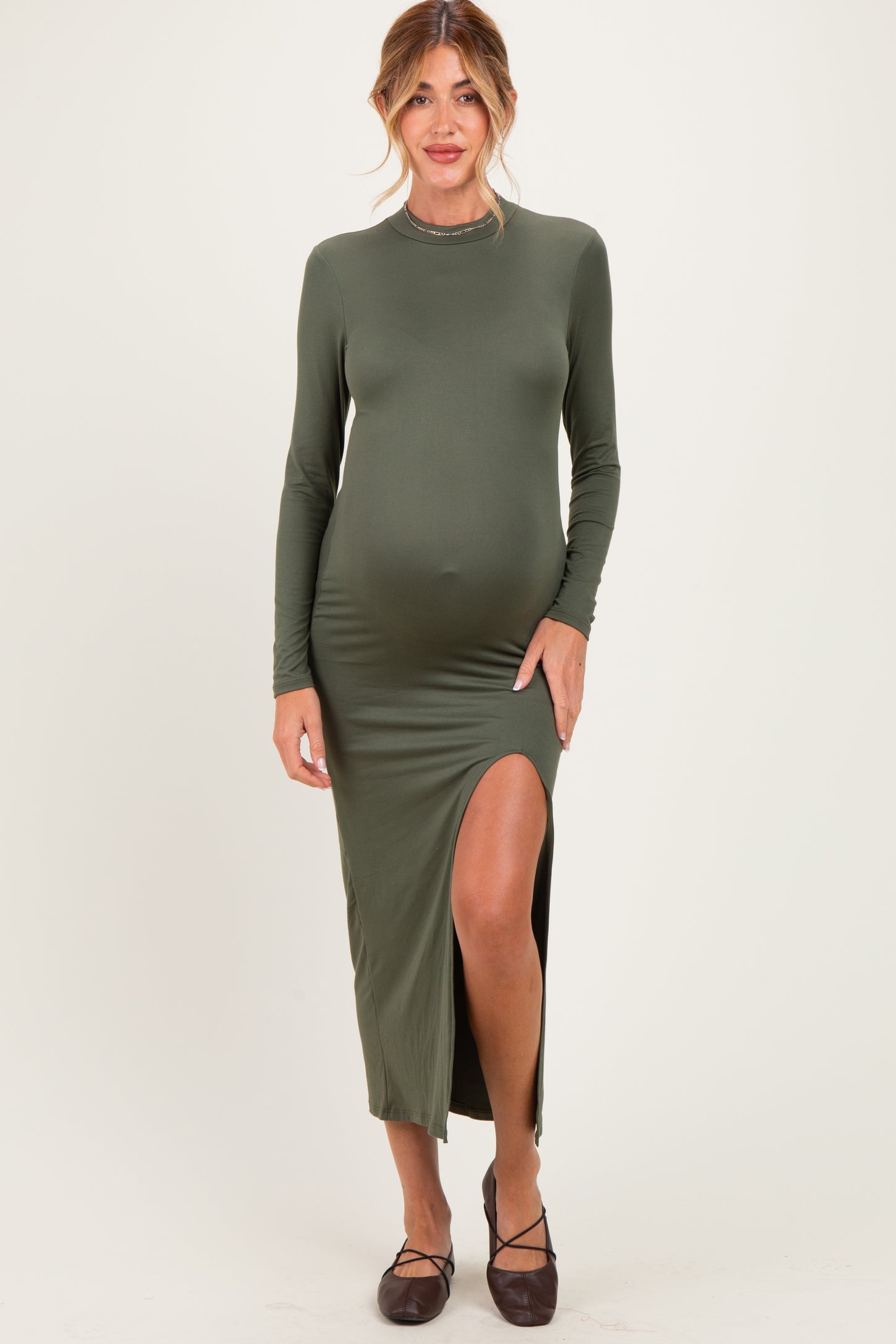 Olive Mock Neck Front Slit Long Sleeve Maternity Maxi Dress