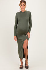 Olive Mock Neck Front Slit Long Sleeve Maternity Maxi Dress
