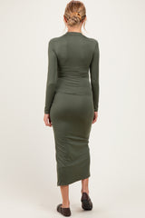 Olive Mock Neck Front Slit Long Sleeve Maternity Maxi Dress