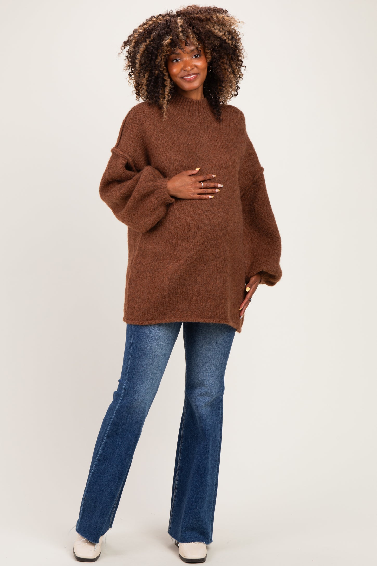 Mocha Oversized Mock Neck Maternity Tunic Sweater