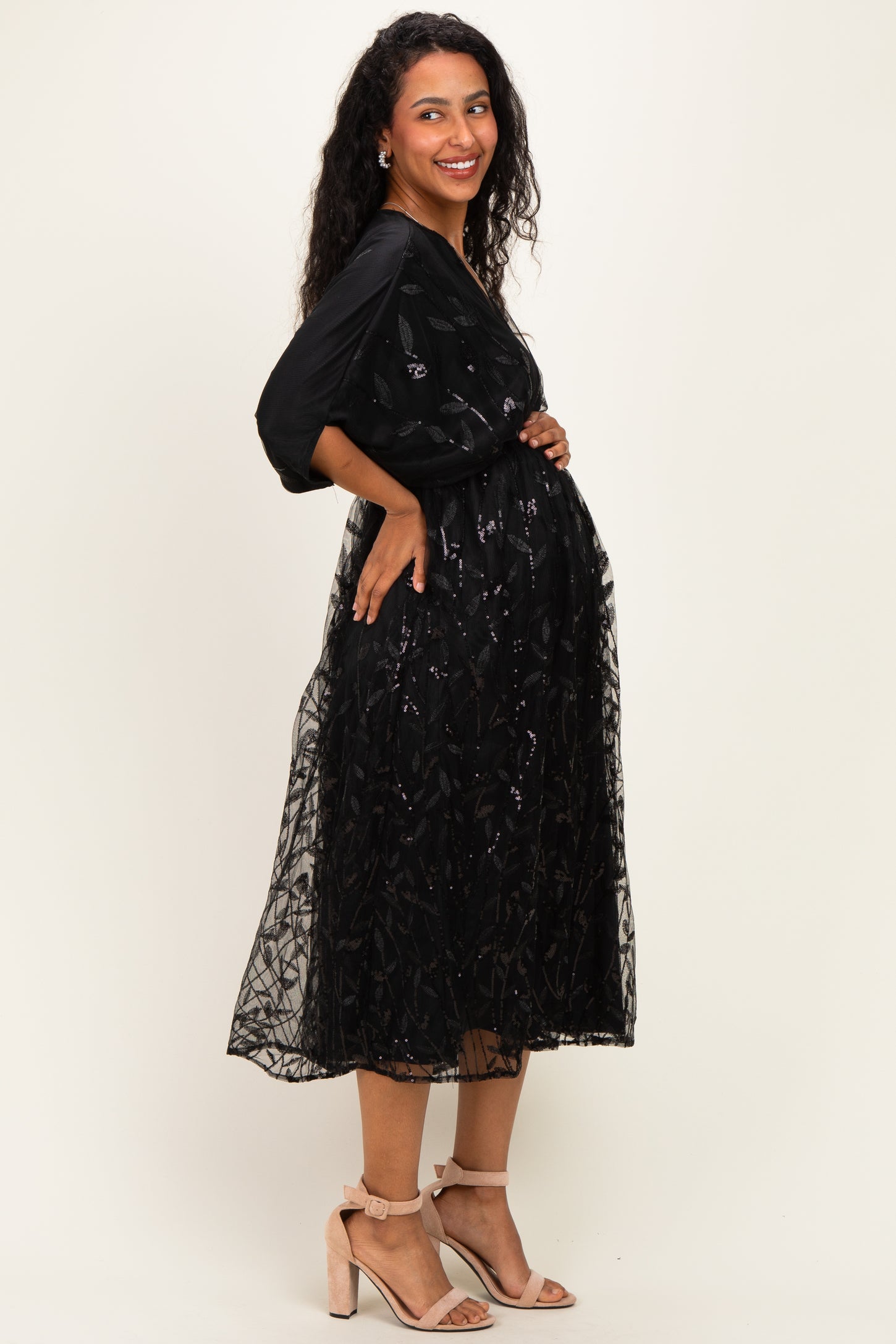 Black Embroidered Tulle Dolman V-Neck Maternity Midi Dress