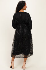 Black Embroidered Tulle Dolman V-Neck Maternity Midi Dress