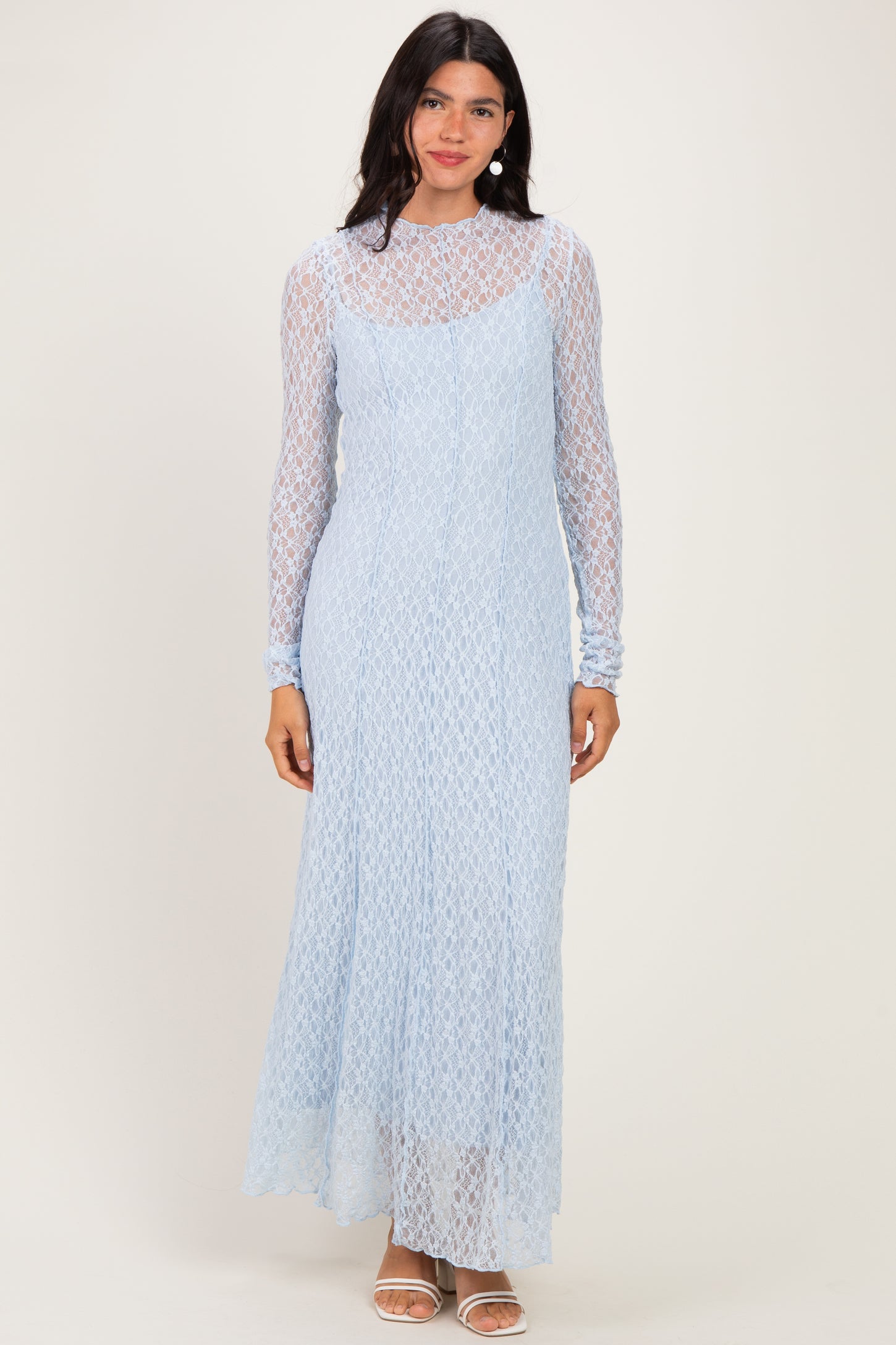 Light Blue Lace Mock Neck Long Sleeve Maxi Dress