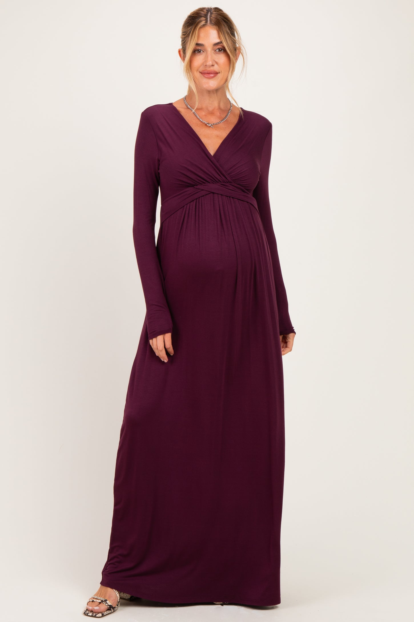 PinkBlush Burgundy Long Sleeve Draped Maternity/Nursing Maxi Dress