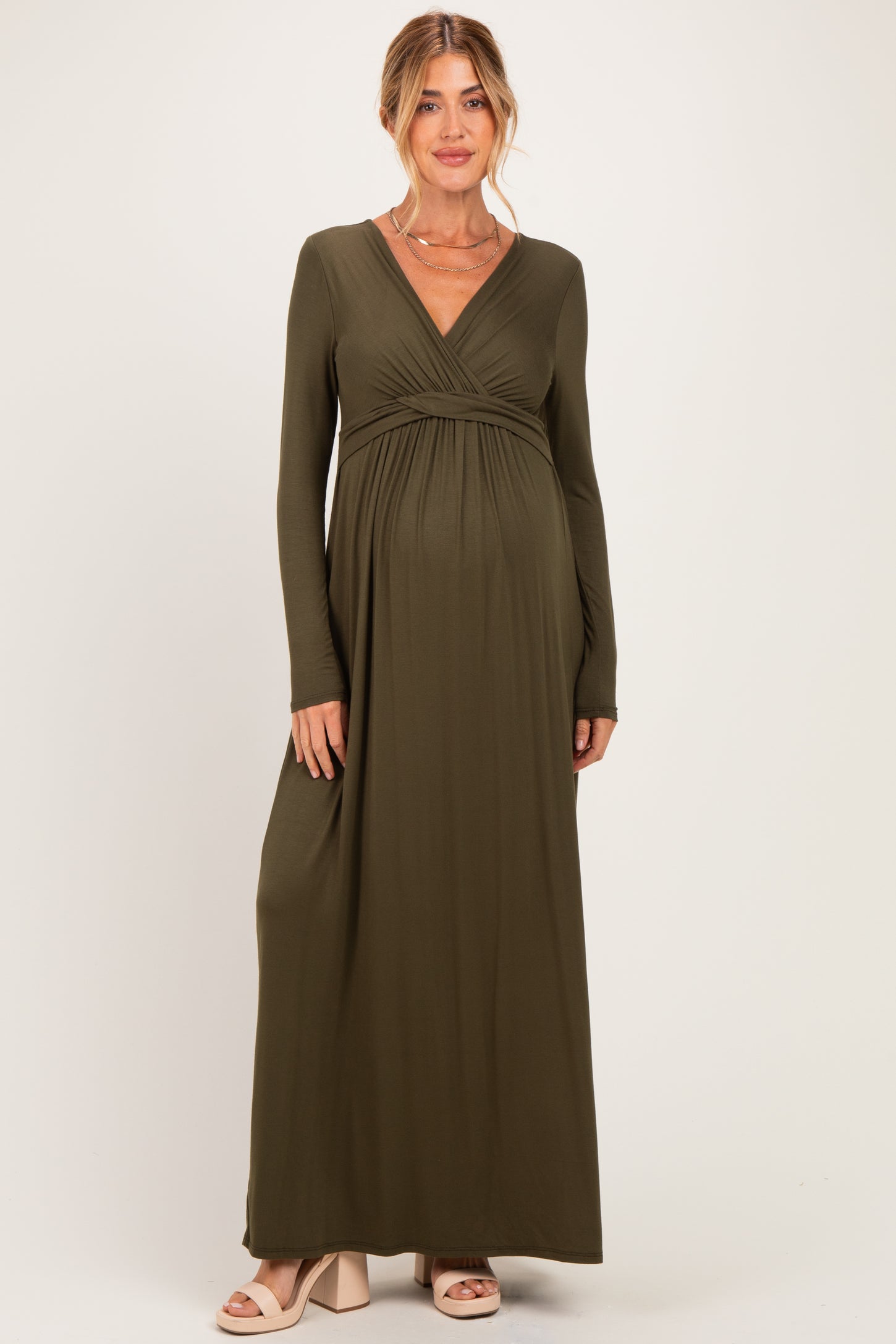 PinkBlush Olive Long Sleeve Draped Maternity/Nursing Maxi Dress