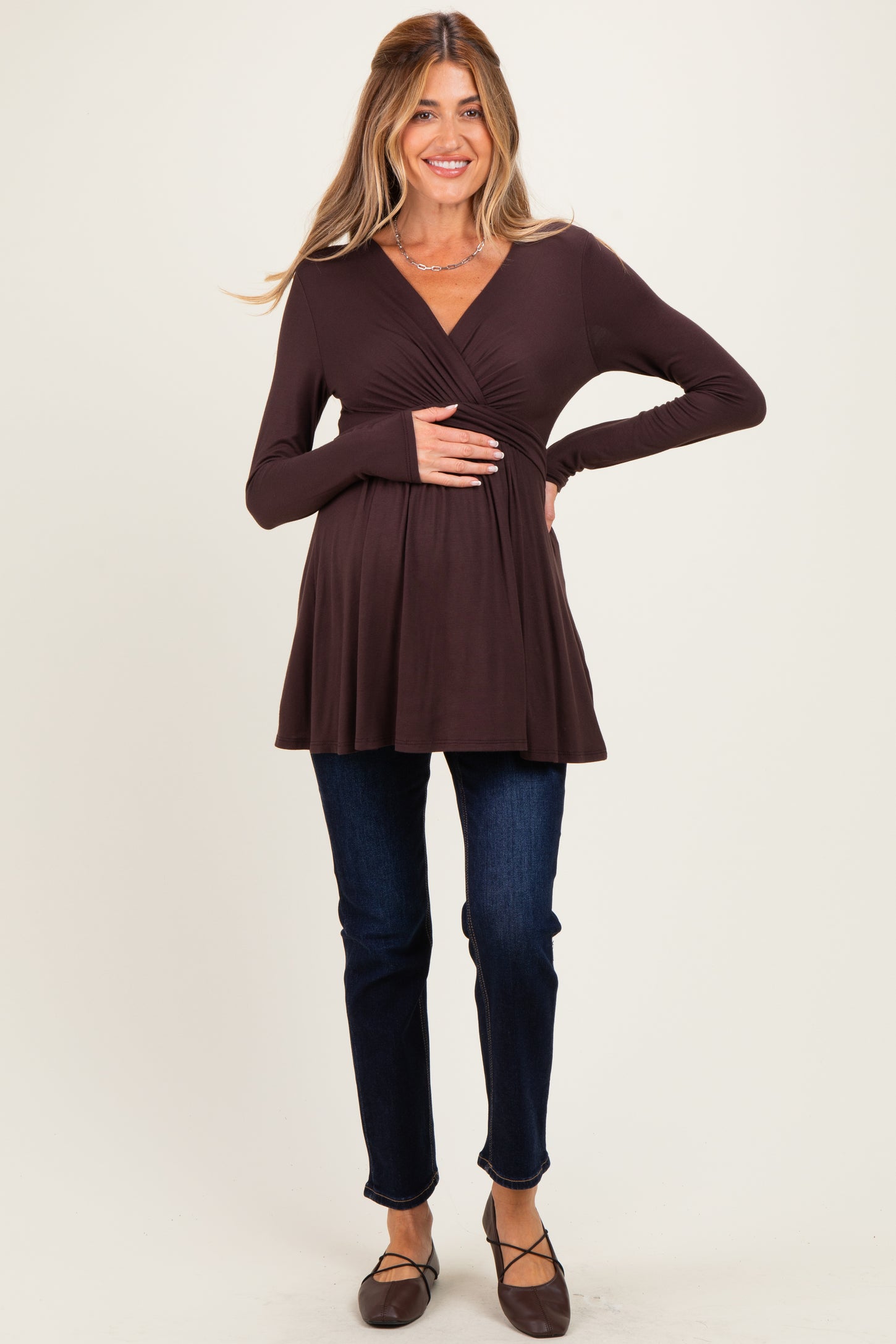 PinkBlush Brown Long Sleeve Draped Front Maternity Nursing Top