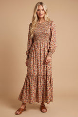 Taupe Floral Smocked Long Sleeve Midi Dress