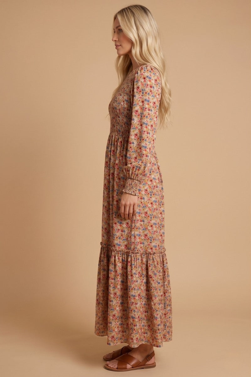 Taupe Floral Smocked Long Sleeve Midi Dress