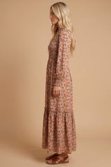 Taupe Floral Smocked Long Sleeve Midi Dress