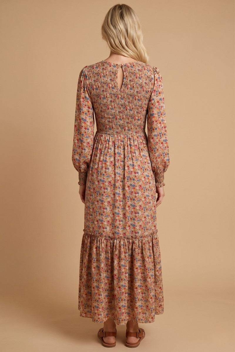 Taupe Floral Smocked Long Sleeve Midi Dress