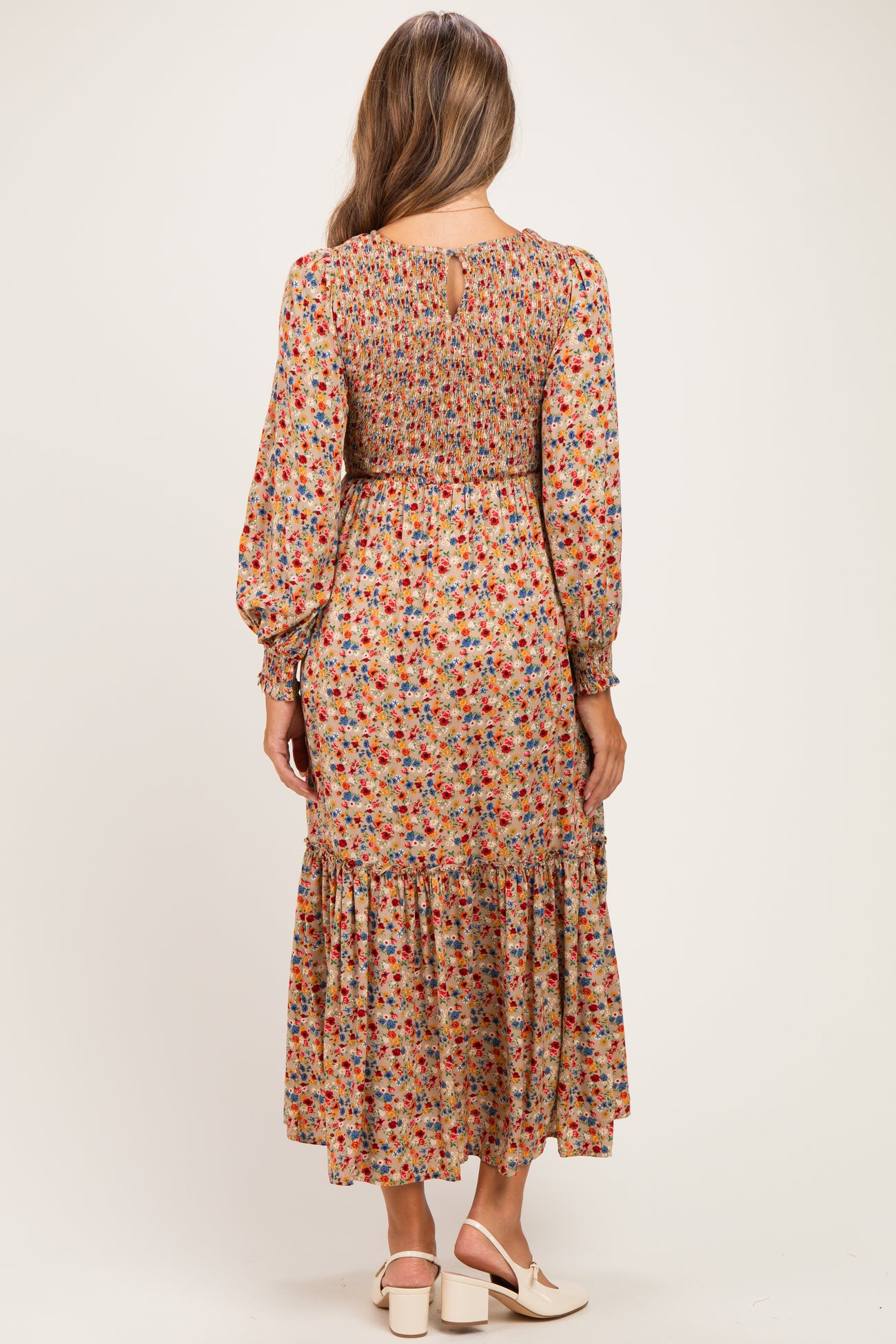 Taupe Floral Smocked Long Sleeve Maternity Midi Dress