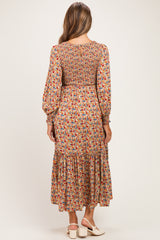 Taupe Floral Smocked Long Sleeve Maternity Midi Dress