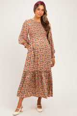 Taupe Floral Smocked Long Sleeve Maternity Midi Dress