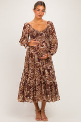Coffee Paisley Smocked Long Sleeve Maternity Midi Dress