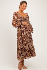 Coffee Paisley Smocked Long Sleeve Maternity Midi Dress