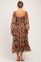 Coffee Paisley Smocked Long Sleeve Maternity Midi Dress