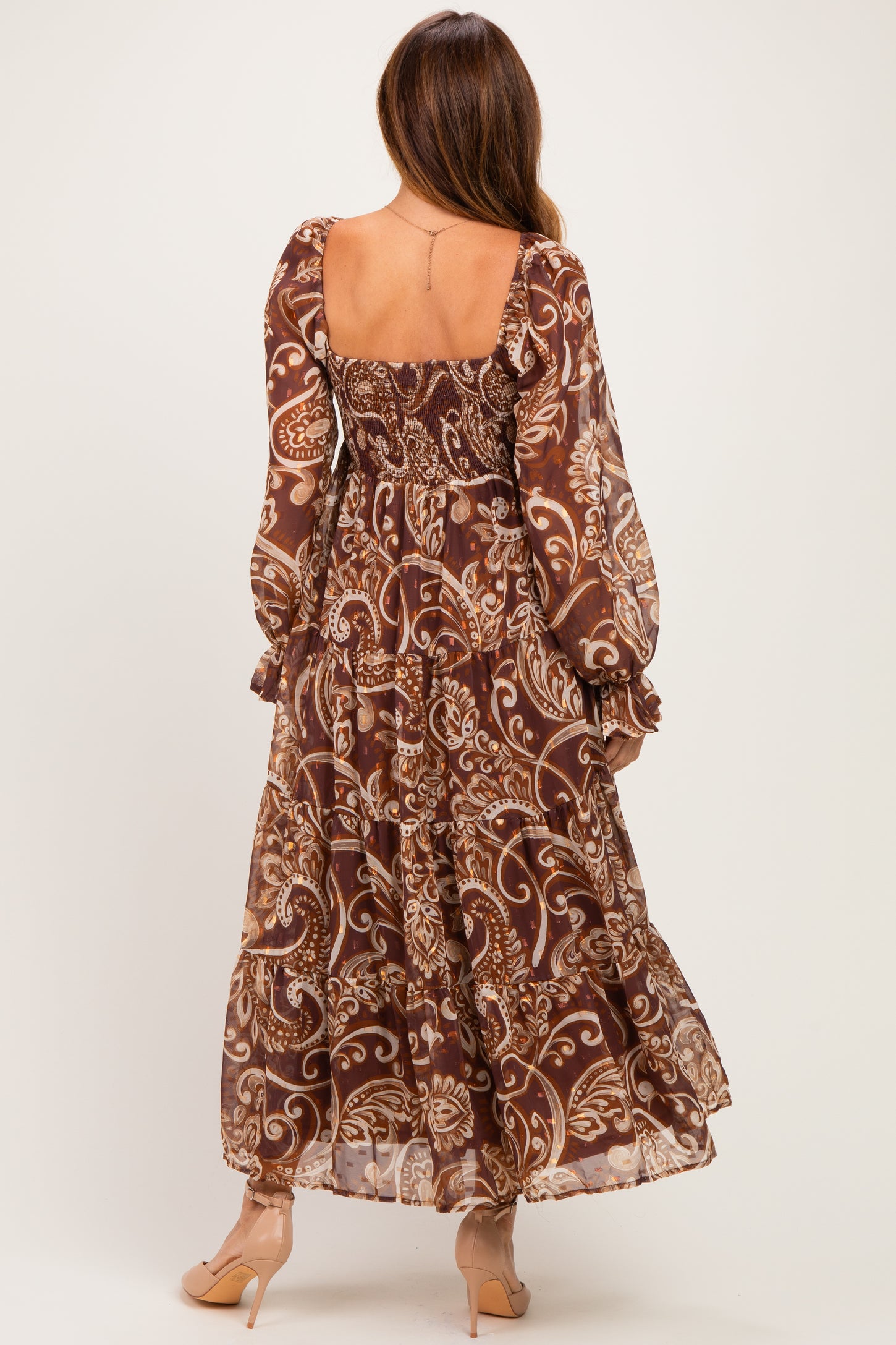 Coffee Paisley Smocked Long Sleeve Midi Dress