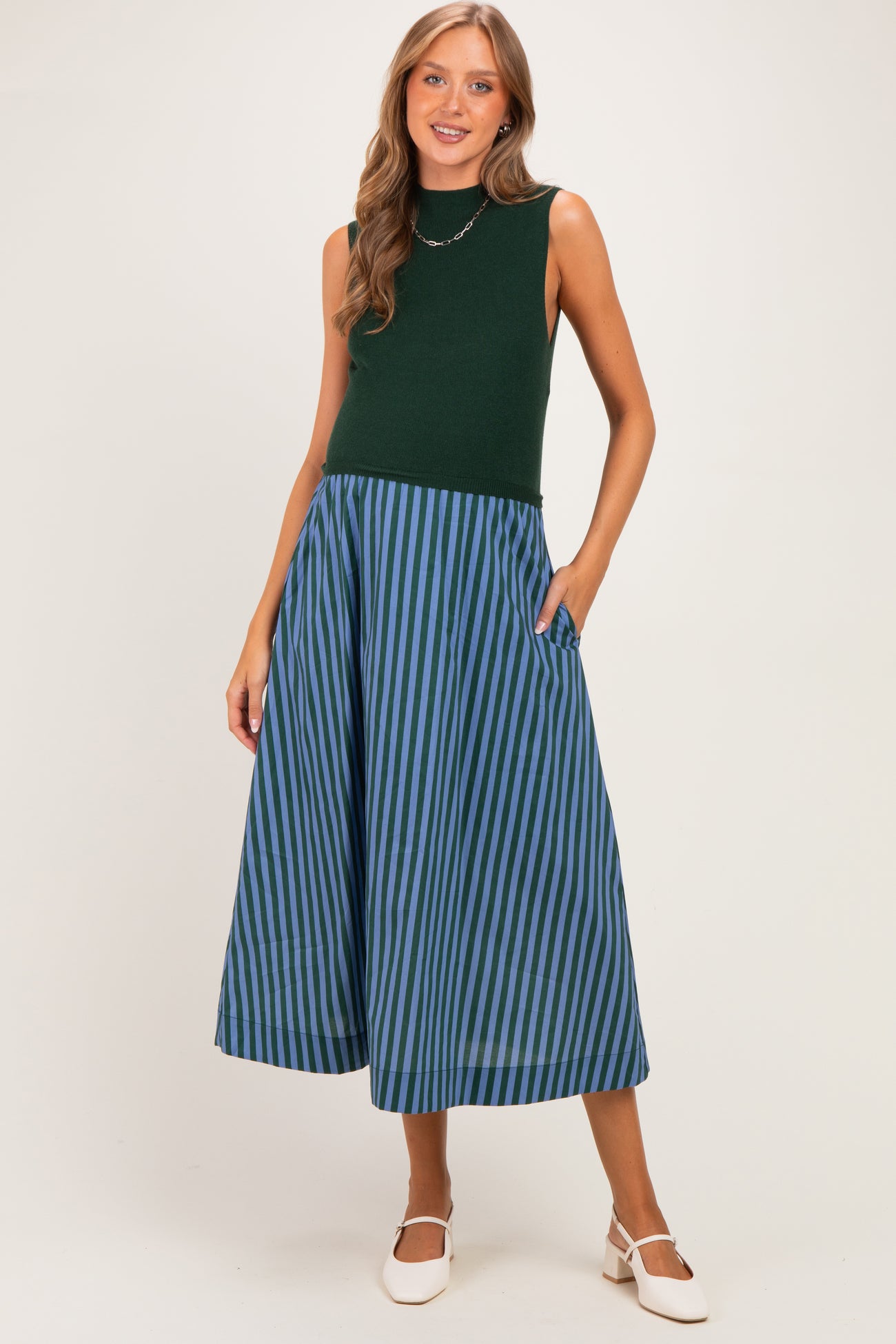Hunter Green Sleeveless Mock Neck Contrast Striped Skirt Maternity Midi Dress