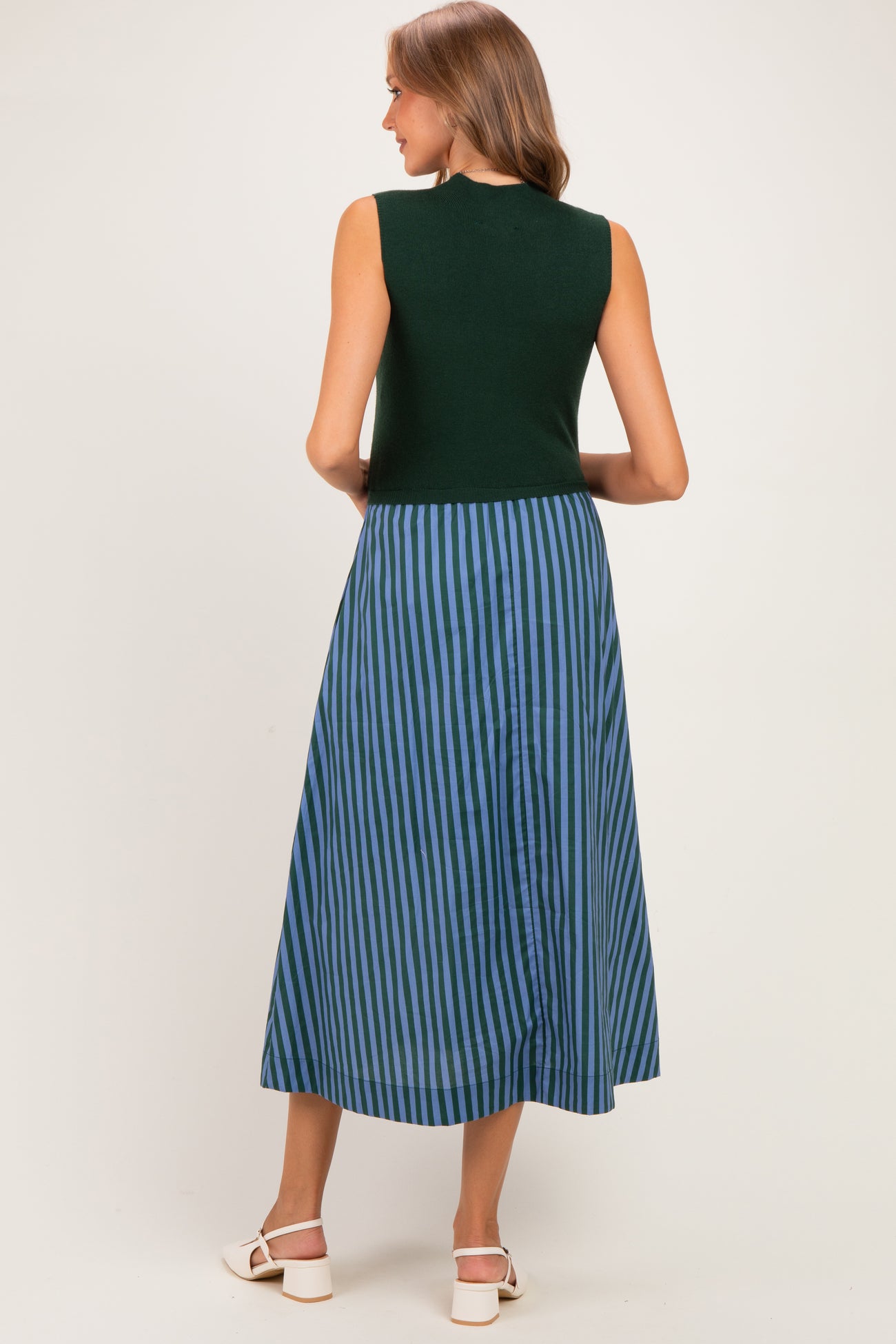 Hunter Green Sleeveless Mock Neck Contrast Striped Skirt Maternity Midi Dress