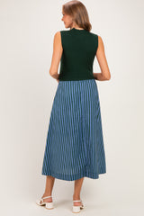 Hunter Green Sleeveless Mock Neck Contrast Striped Skirt Maternity Midi Dress