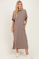Brown Striped Short Sleeve Midi Dress