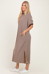 Brown Striped Short Sleeve Midi Dress