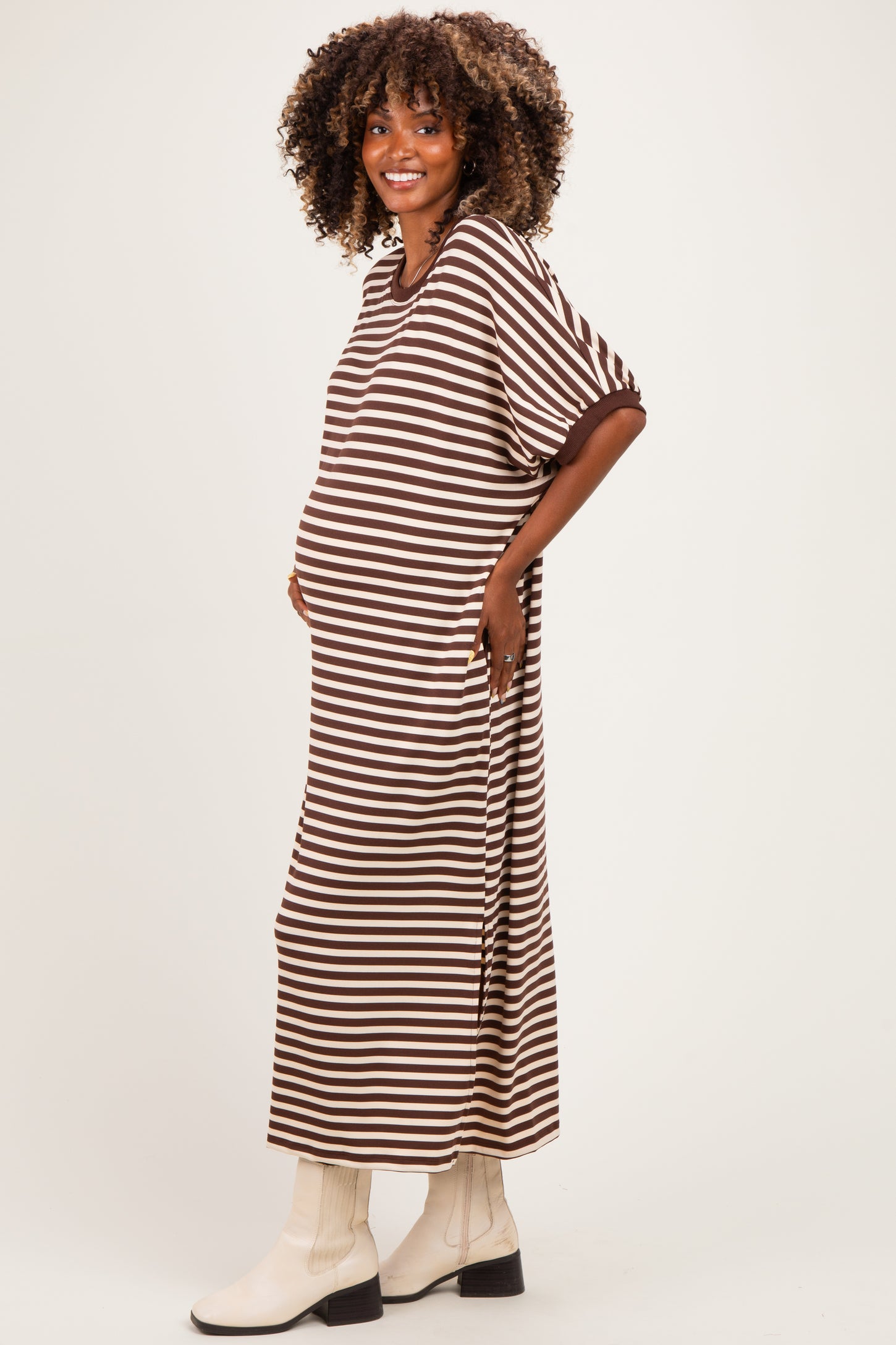 Brown Striped Short Sleeve Maternity Midi Dress
