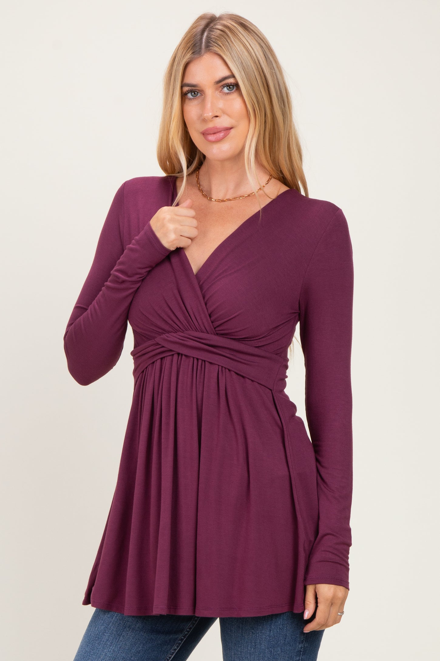PinkBlush Burgundy Long Sleeve Draped Front Nursing Top