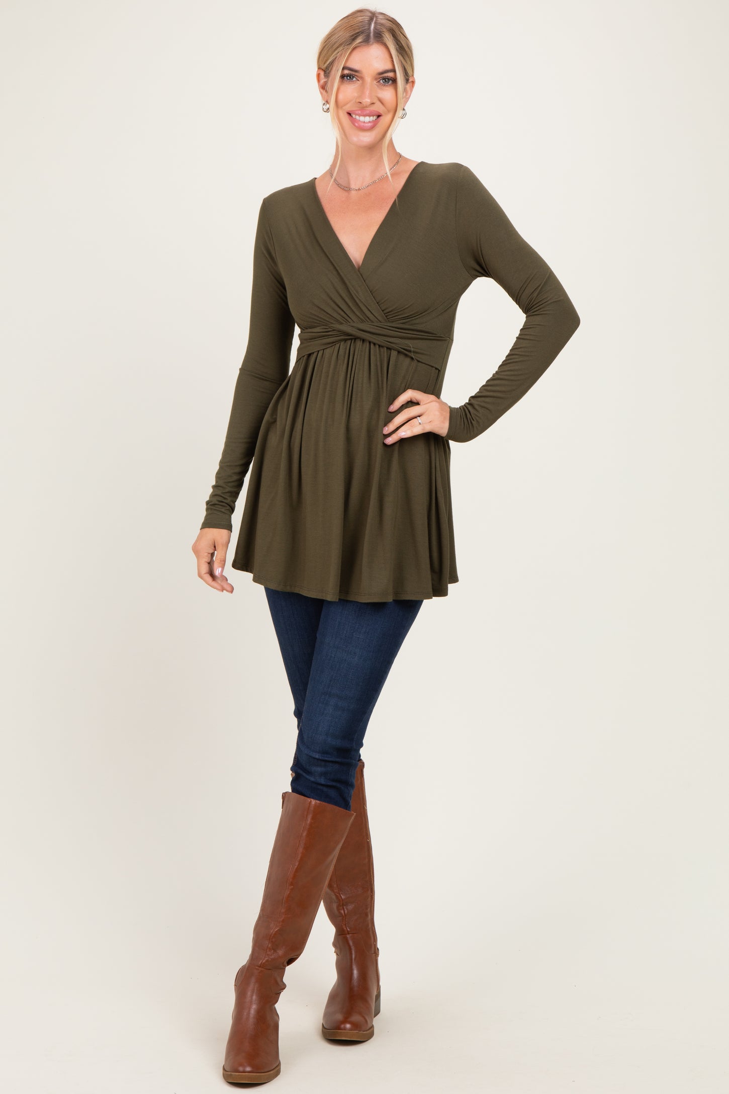 PinkBlush Olive Long Sleeve Draped Front Nursing Top