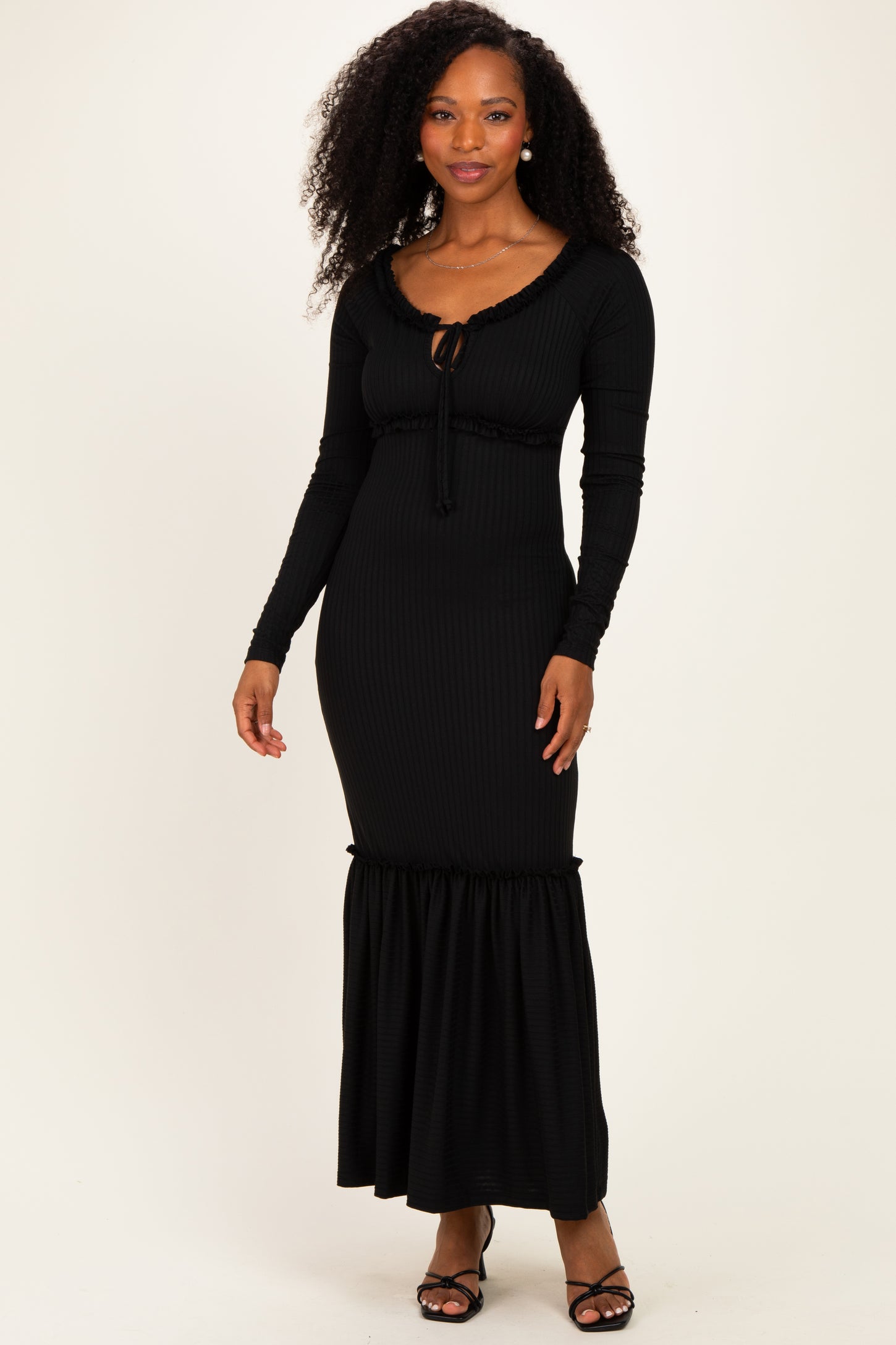 Black Ribbed Long Sleeve Ruffle Trim Off Shoulder Maxi Dress