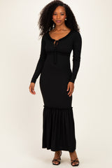 Black Ribbed Long Sleeve Ruffle Trim Off Shoulder Maxi Dress