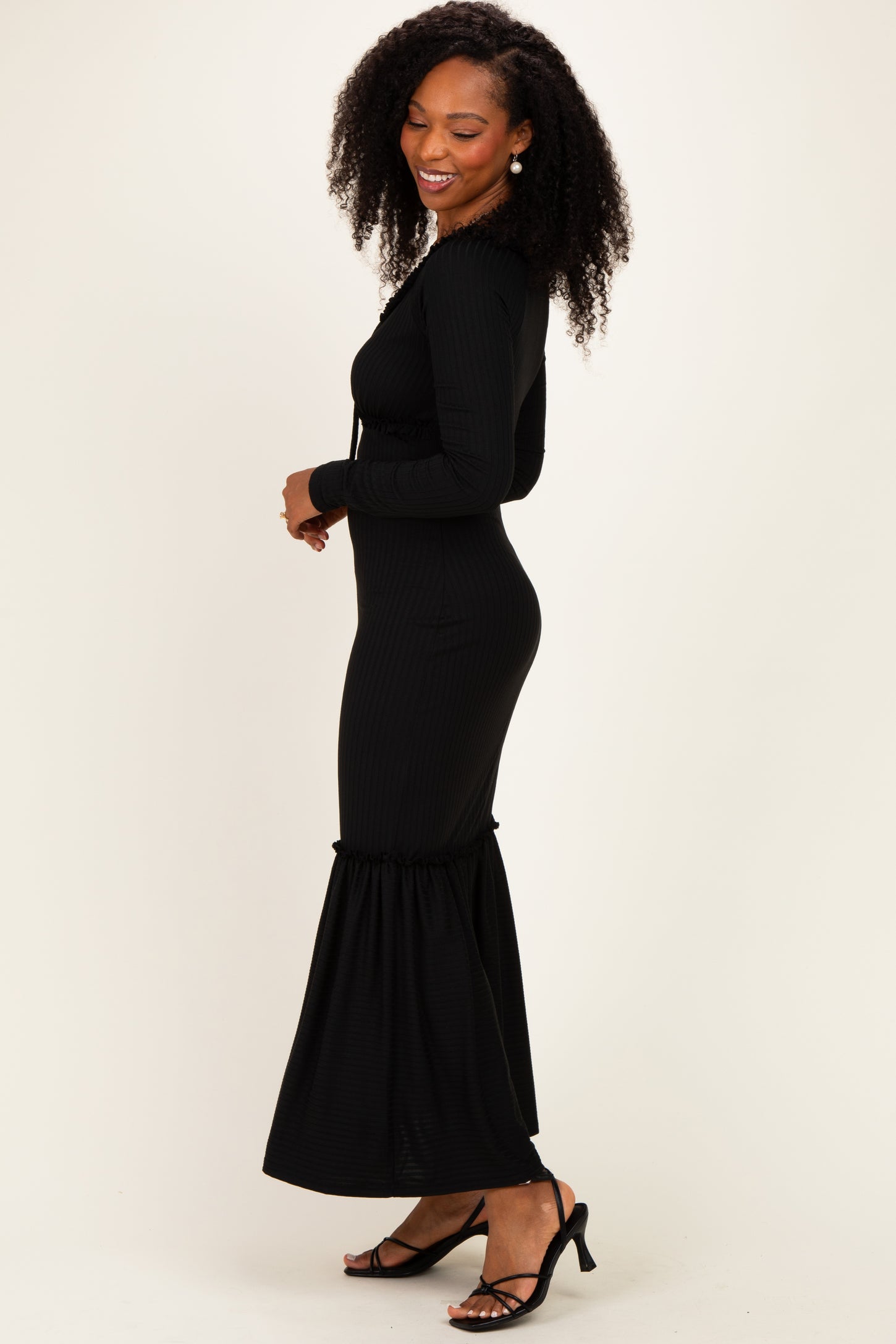 Black Ribbed Long Sleeve Ruffle Trim Off Shoulder Maxi Dress