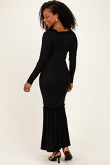 Black Ribbed Long Sleeve Ruffle Trim Off Shoulder Maxi Dress