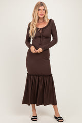 Brown Ribbed Long Sleeve Ruffle Trim Off Shoulder Maxi Dress