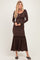 Brown Ribbed Long Sleeve Ruffle Trim Off Shoulder Maxi Dress