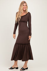 Brown Ribbed Long Sleeve Ruffle Trim Off Shoulder Maxi Dress