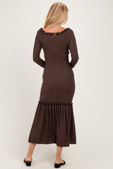 Brown Ribbed Long Sleeve Ruffle Trim Off Shoulder Maxi Dress
