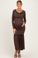 Brown Ribbed Long Sleeve Ruffle Trim Off Shoulder Maternity Maxi Dress