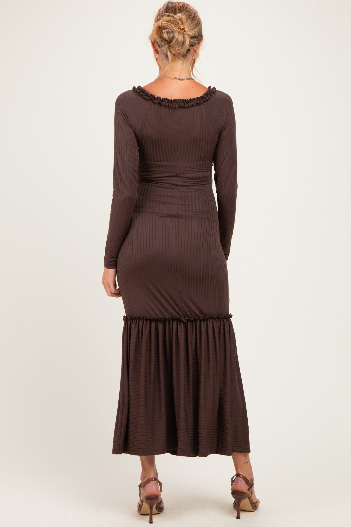 Brown Ribbed Long Sleeve Ruffle Trim Off Shoulder Maternity Maxi Dress