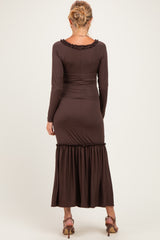 Brown Ribbed Long Sleeve Ruffle Trim Off Shoulder Maternity Maxi Dress