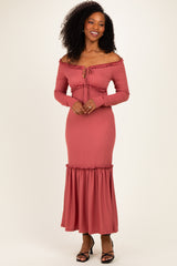 Mauve Ribbed Long Sleeve Ruffle Trim Off Shoulder Maxi Dress