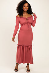 Mauve Ribbed Long Sleeve Ruffle Trim Off Shoulder Maxi Dress