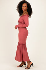 Mauve Ribbed Long Sleeve Ruffle Trim Off Shoulder Maxi Dress