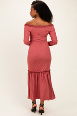 Mauve Ribbed Long Sleeve Ruffle Trim Off Shoulder Maxi Dress