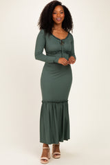 Olive Ribbed Long Sleeve Ruffle Trim Off Shoulder Maxi Dress