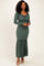 Olive Ribbed Long Sleeve Ruffle Trim Off Shoulder Maxi Dress